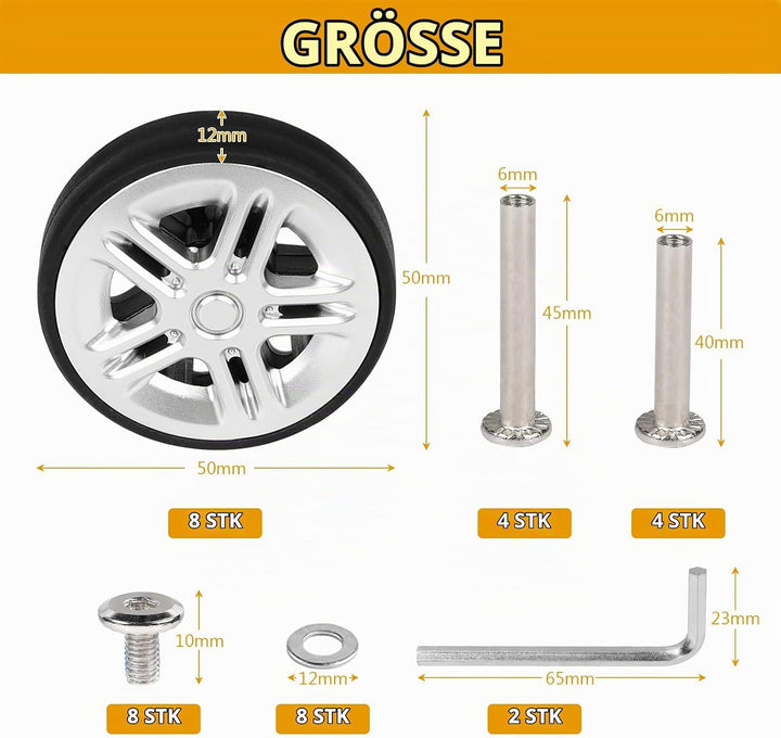 EXLECO 8 pcs Koffer Ersatzrollen 50mm x 12mm, Kofferrollen Ersatzrollen für Gepäck mit Doppelrollen,