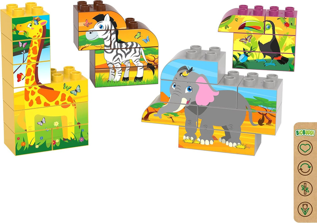 BIOBUDDI Puzzle | 8 Verschiedene Tiere: Giraffe, Elefant, Tukan, Zebra, UVM., 21 Teile, 100% kompati