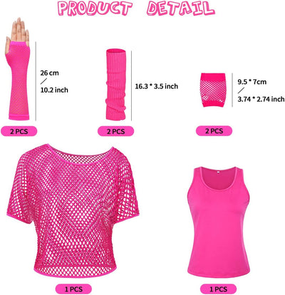 WILDPARTY 80er 90er Jahre Outfit Damen, Netzshirt, Tank top, Beinwärmer, Netzhandschuhe, Kostüm 80er