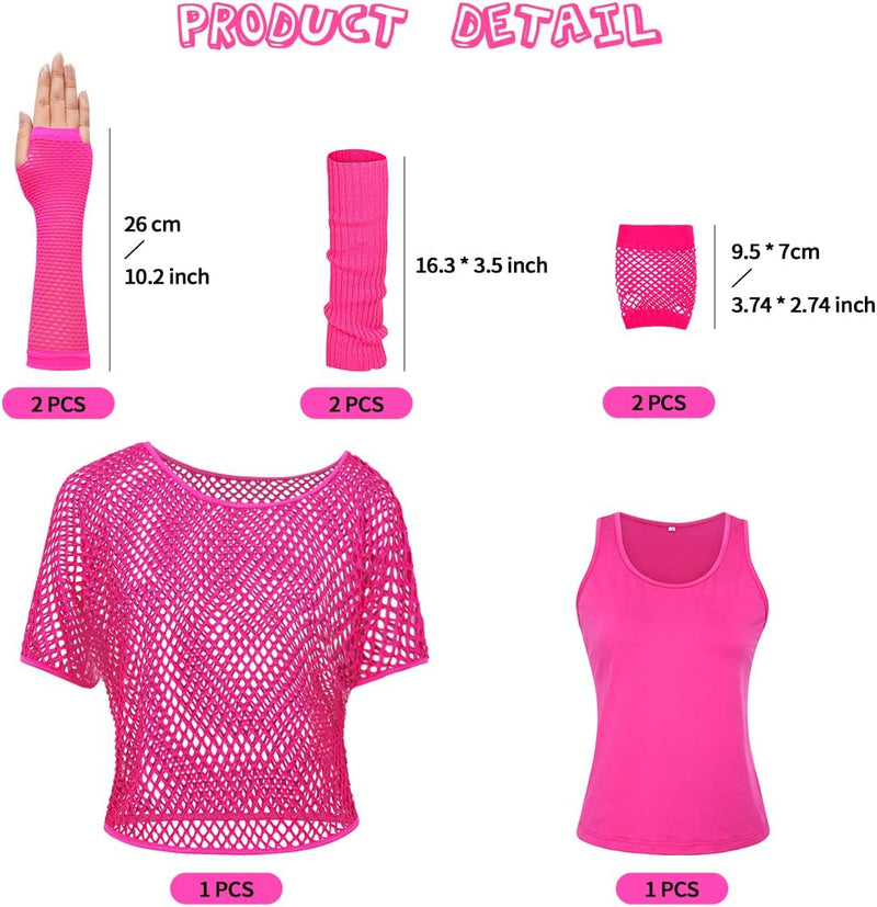 WILDPARTY 80er 90er Jahre Outfit Damen, Netzshirt, Tank top, Beinwärmer, Netzhandschuhe, Kostüm 80er