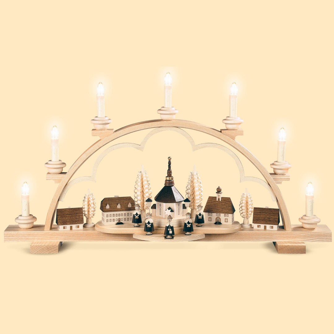 Müller Schwibbogen Seiffener Dorf, Länge 64 cm, Natur, komplett elektrisch beleuchtet (230V, 50Hz Ni