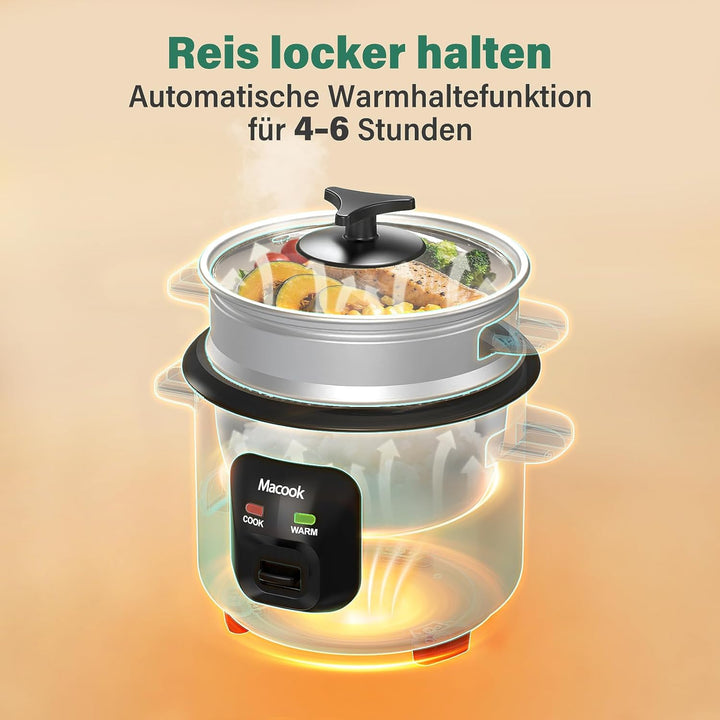 0.6 L Mini-Reiskocher 3-Tassen ungekocht, Macook Tragbarer Antihaft-Reis-Kocher, mit Aluminium-Dampf