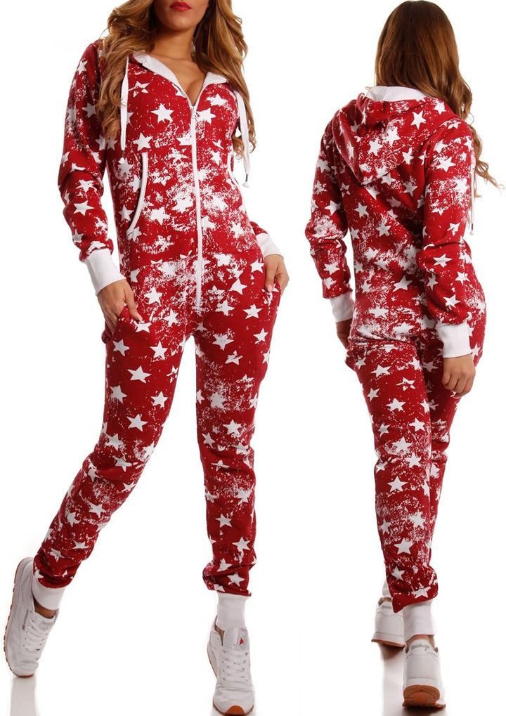 Crazy Age Jumpsuit Strampler Ganzkörperanzug Overall Sternen Kuschelig Warm XS Weinrot ( A), XS Wein