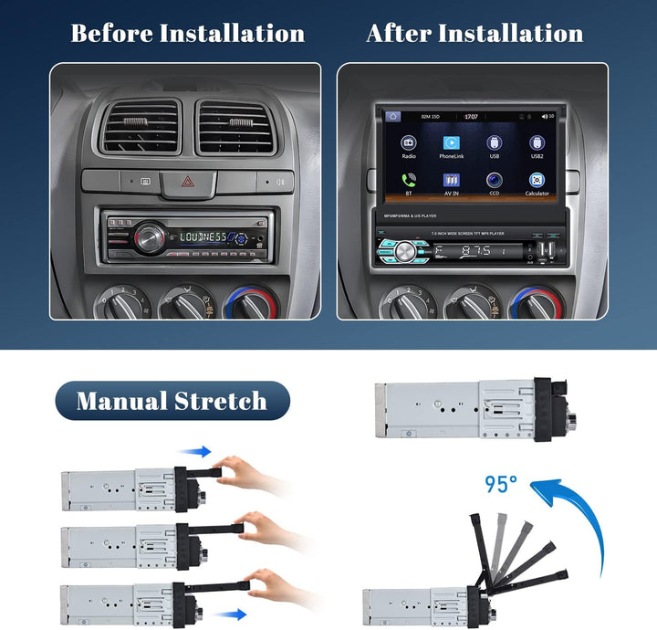 Hikity Autoradio 1 Din mit Wireless Carplay und Android Auto, 7 Zoll Ausfahrbarem Bildschirm Auto Ra
