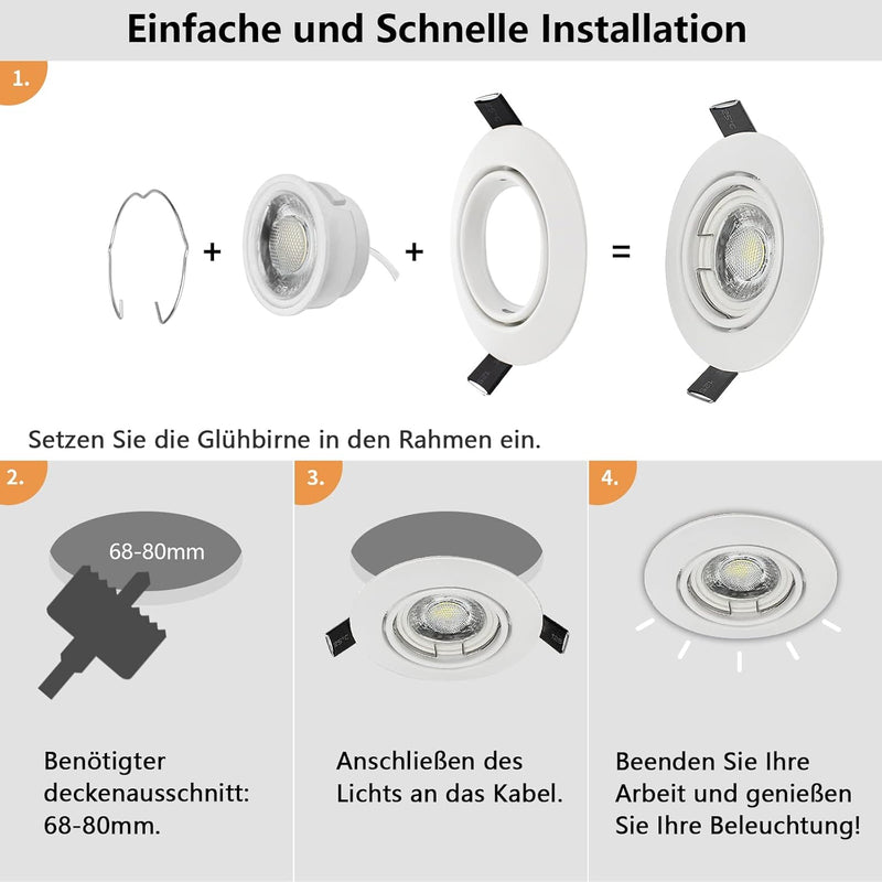 10er Set Dimmbar LED Einbaustrahler 230V Ultra Flach Einbauleuchten Schwenkbar Decke Spots Rund Weis