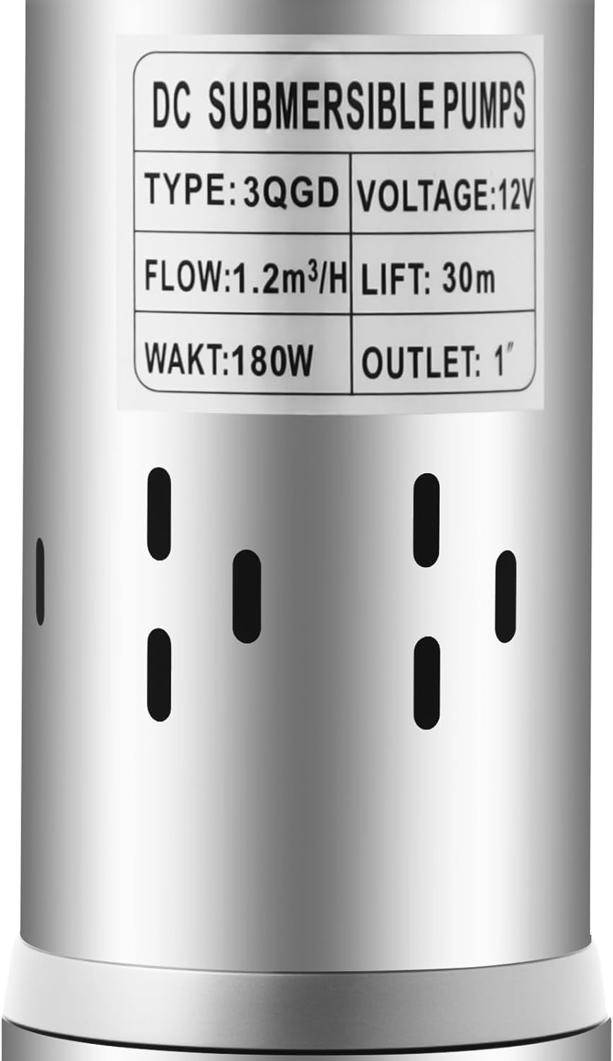 Tiefbrunnenpump 180W 12V 1200 L/h, Förderhöhe max. 34 m, Brunnenpumpe Tauchpumpe Pumpe Zisterne mit