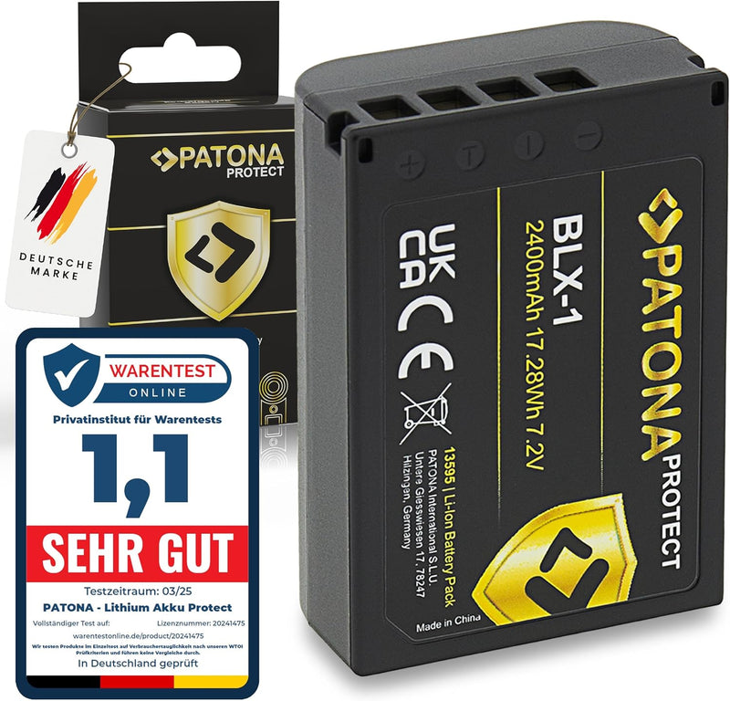 PATONA Protect BLX-1 Akku (2400mAh) mit NTC-Sensor und V1 Gehäuse - für OM-1 1x BLX1, 1x BLX1
