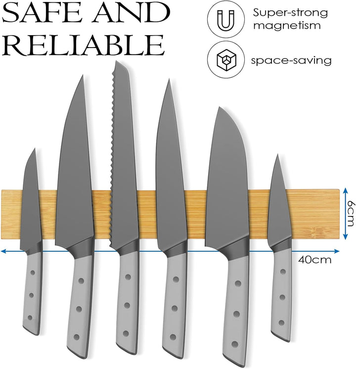 Baxcdyswe 40cm Magnetleiste Messer aus Bambus Mit Extra Starkem Magnet, Messerhalter Magnetisch Knif