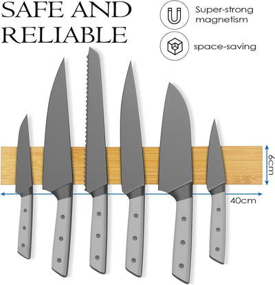Baxcdyswe 40cm Magnetleiste Messer aus Bambus Mit Extra Starkem Magnet, Messerhalter Magnetisch Knif