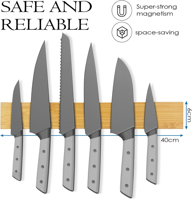 Baxcdyswe 40cm Magnetleiste Messer aus Bambus Mit Extra Starkem Magnet, Messerhalter Magnetisch Knif