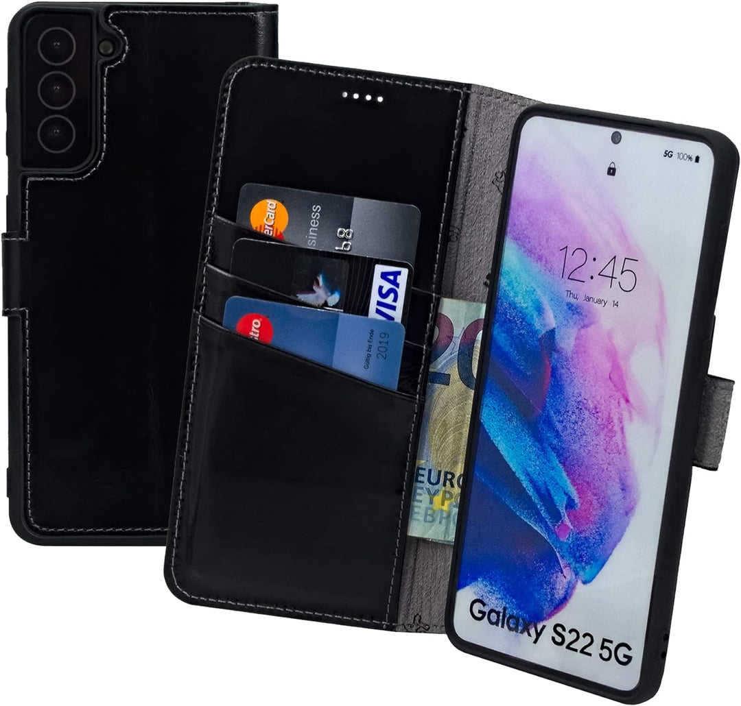 Suncase Book-Style Hülle kompatibel mit Samsung Galaxy S22 5G Leder Tasche (Slim-Fit) Lederhülle Han