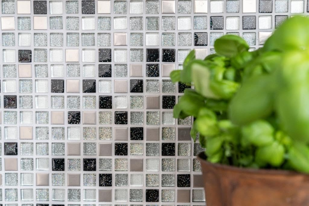 Glasmosaik Quadrat Crystal/Stahl mix silber/schwarz Transluzent Transparent 3D, Mosaikstein Format: