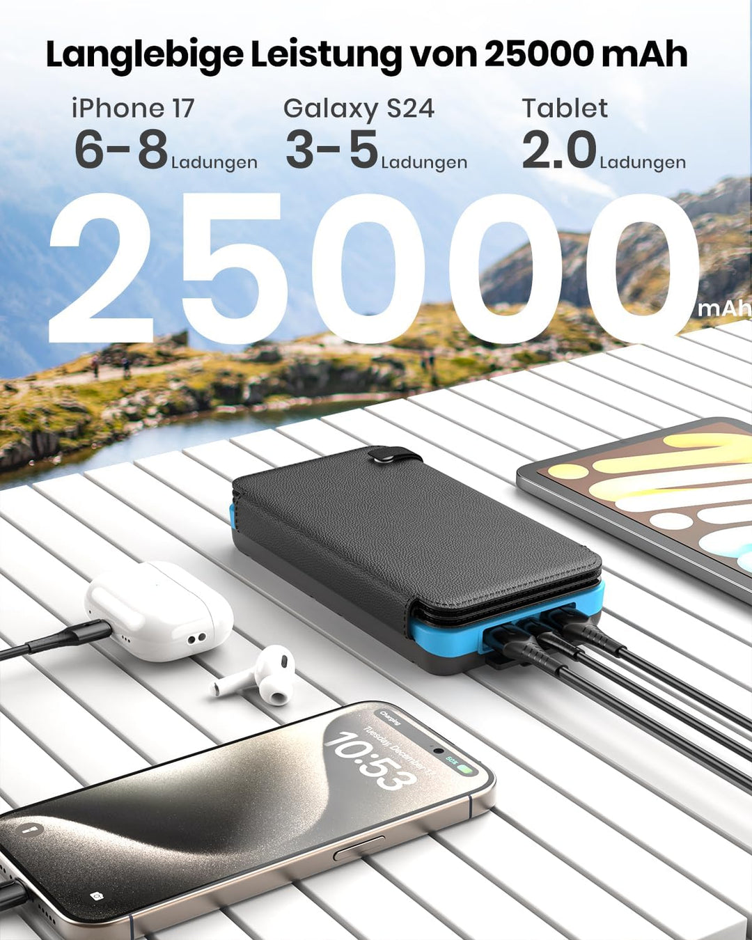 A ADDTOP Solar Power Bank - 25000 mAh Solar PowerBank mit 4 Solarpanels - 3.0A Schnelllade Ladegerät