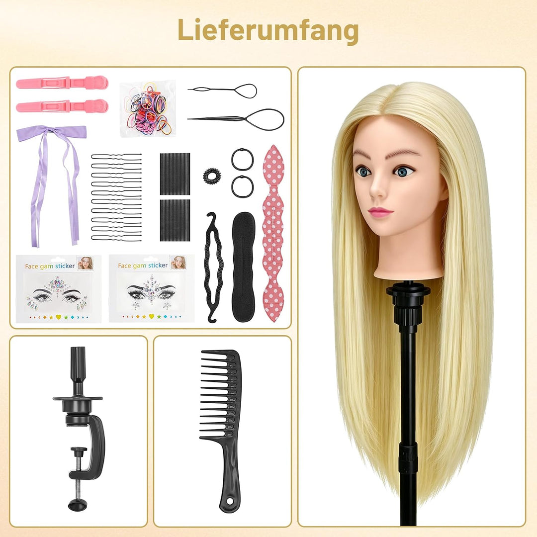 TwoWin 24 Zoll /60 cm Trainingsköpfe für Friseure, Frisierkopf mit 80% Echthaar, Übungskopf Friseurk