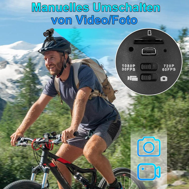 Mini Sportkamera, 120°Weitwinkel Fahrrad Helmkamera, HD 1080P wasserdichte Sports Kamera mit Zubehör