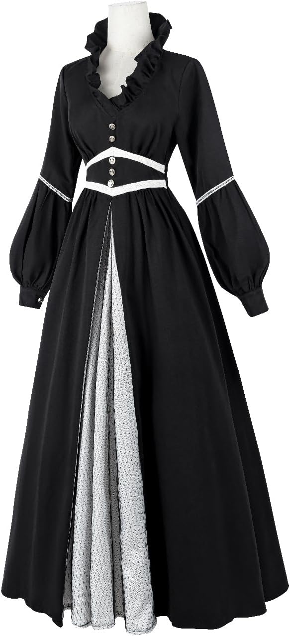 CR ROLECOS Mittelalter Kleid Damen Gothic Viktorianisches Kleid Schwarz Maxikleid Langarm Renaissanc