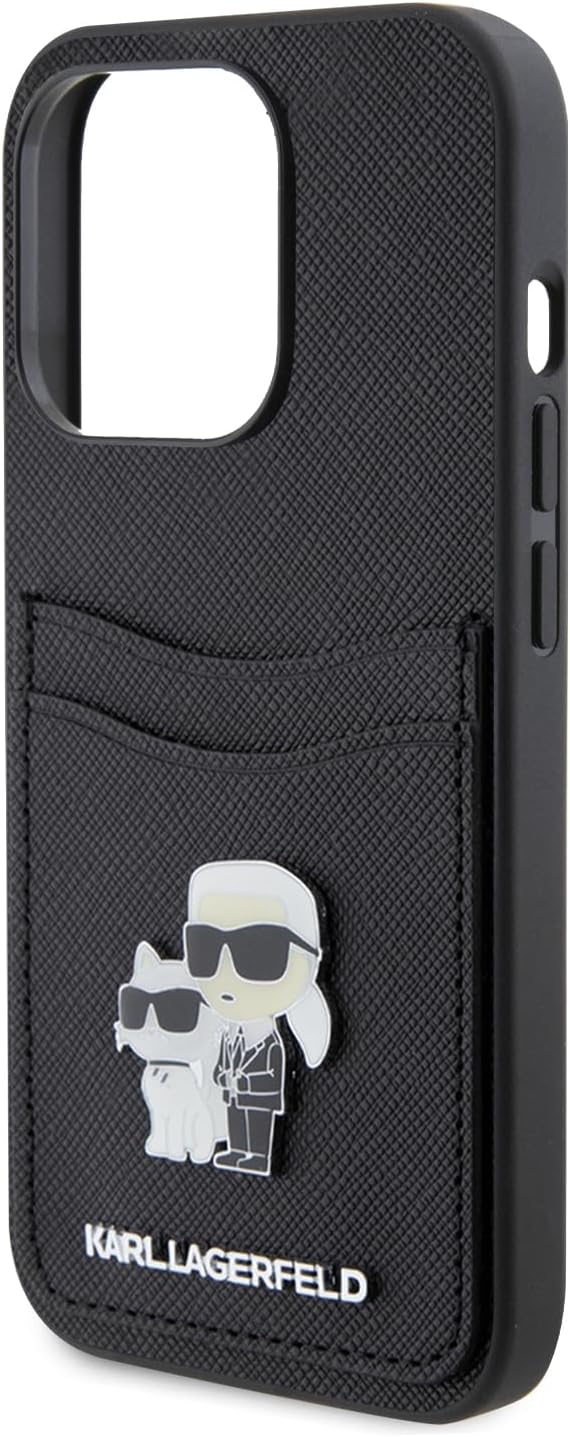 CG MOBILE Karl Lagerfeld Saffiano Hülle mit Kartenfach für iPhone 15 Pro (Schwarz), Schwarz