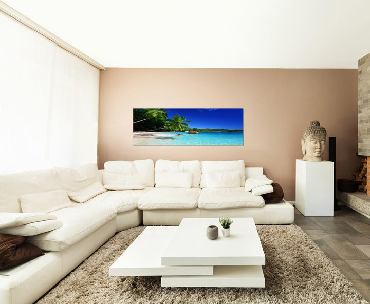 Panoramabild auf Leinwand und Keilrahmen 150x50cm Seychellen Strand Meer Palmen