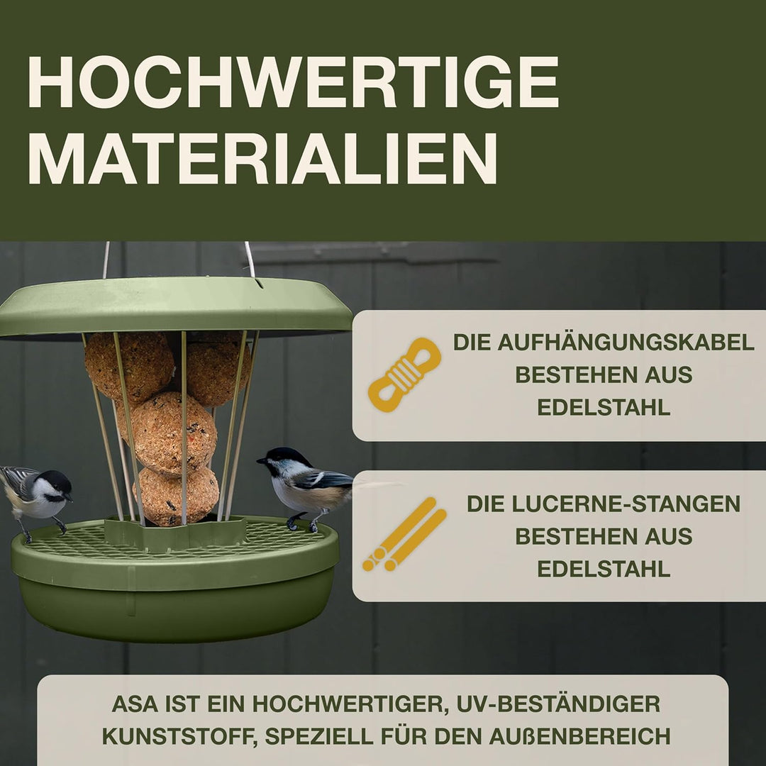 SWISSINNO Vogelfutterhaus zum Aufhängen – Lucerne SMART Birds - Meisenknödelhalter mit Auffangschale
