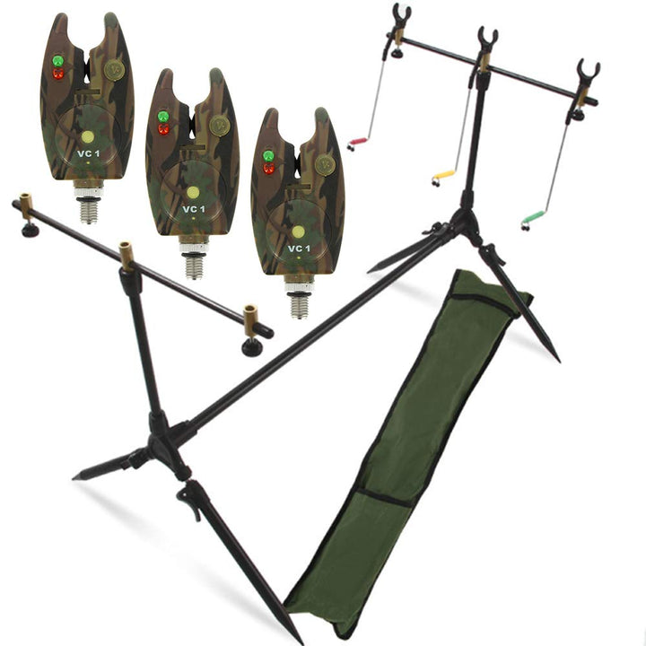 G8DS® Set Rod Pod Rutenhalter + Tragetasche inklusive 3 Bissanzeiger mit Lautstärkeregeler Karpfen A