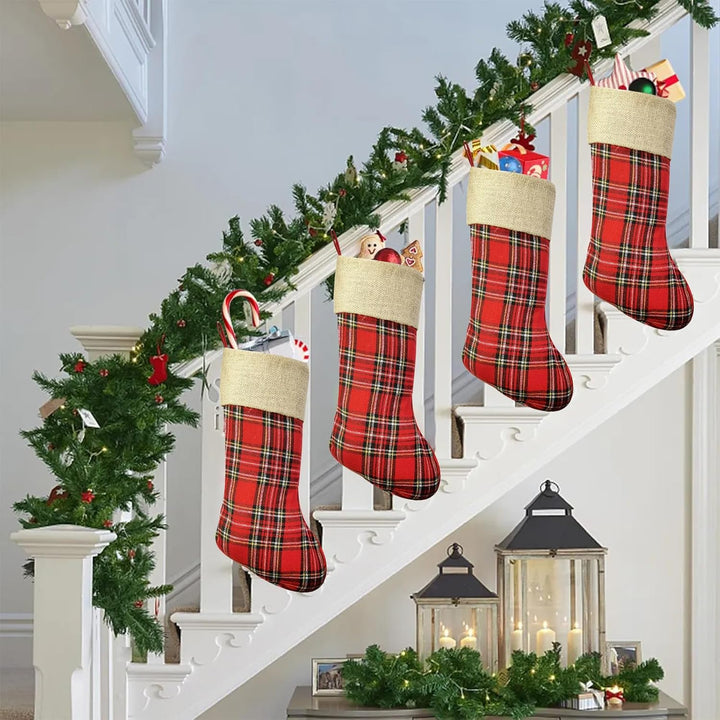 2 Stück Weihnachtsstrumpf, Plaid Nikolausstrumpf 48cm gross mit Jute Cuff zum befüllen, Dekoration f
