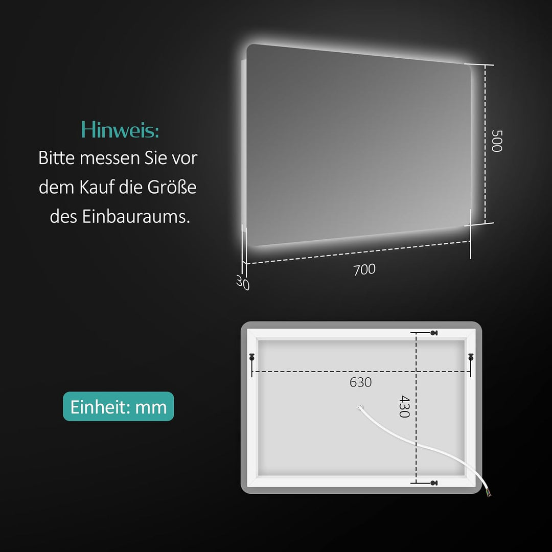 EMKE Badspiegel mit Beleuchtung 50x70 cm Badezimmerspiegel mit Beleuchtung Kaltweiss-Licht 6500K Wan