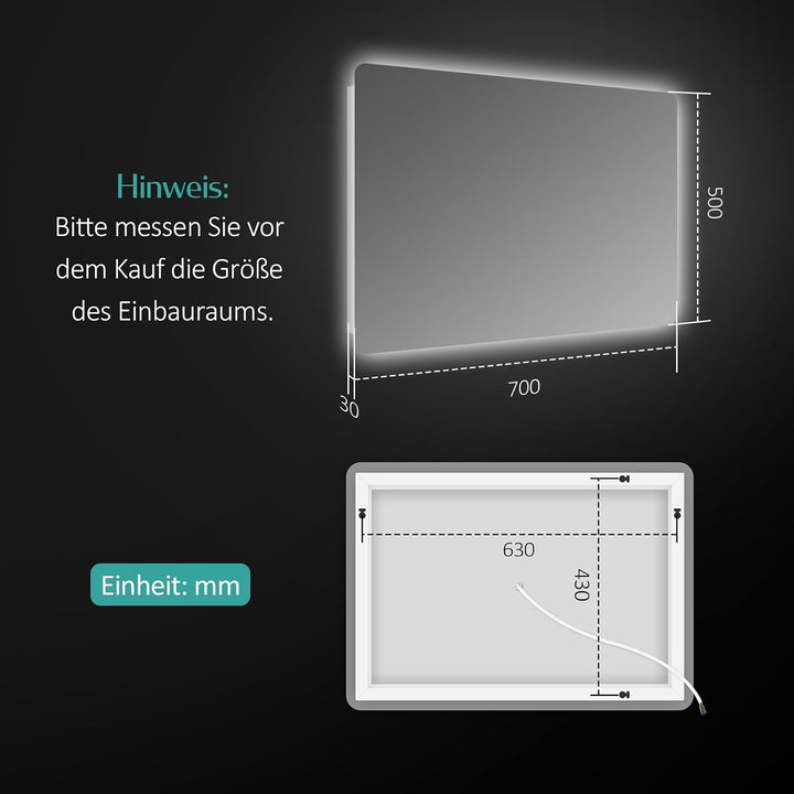 EMKE Badspiegel mit Beleuchtung 50x70 cm Badezimmerspiegel mit Beleuchtung Kaltweiss-Licht 6500K Wan