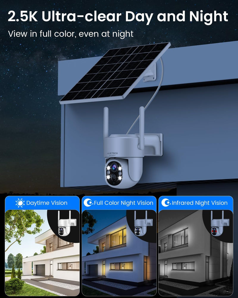 AUKTECH 4MP Überwachungskamera Aussen Solar, 360 Grad Outdoor Kamera Überwachung Akku, 2.5K FHD Nach