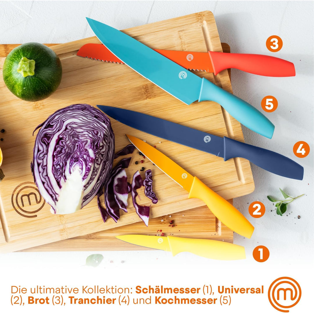 MasterChef Messerblock mit Messer Kuchenmesser Set mit Santokumesser, Brotmesser, Kochmesser, Gemüse