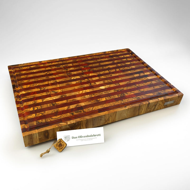 DAS OLIVENHOLZBRETT® Exklusives Mosaik & Stripes Schneidebrett Mit Saftrille - Luxus Hirnholzbrett A