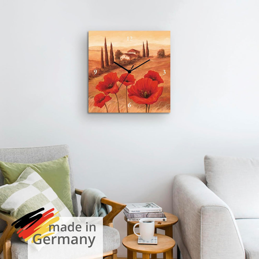 ARTLAND Wanduhr ohne Tickgeräusche Leinwand Funkuhr 30x30 cm Quadratisch Lautlos Toskana Landschaft