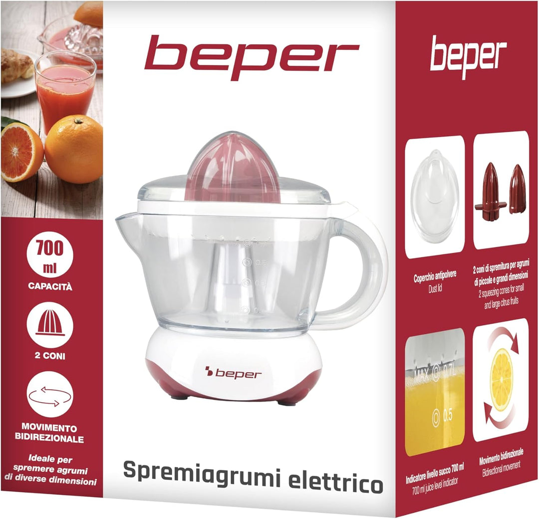 BEPER BP.101H Orangenpresse Elektrische 700 ml - Zitruspresse Elektrisch Weiss/Rot, ROT