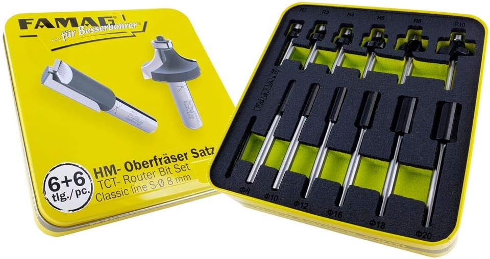FAMAG Hartmetall Fräser-Satz Classic Line, Nut- & Abrundfräser, 6+6-teilig, Schaft-Ø 8mm, in Metallb