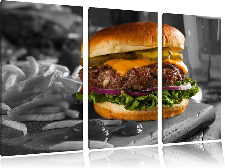 Pixxprint Saftiger Chili Cheese Burger Schwarz/Weiss 3-Teiler Leinwandbild 120x80 Bild auf Leinwand