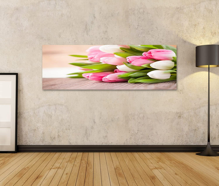 islandburner Bild auf Leinwand Strauss Tulpen Rosa Weiss Auf Tisch Bilder Wandbilder Poster Leinwand