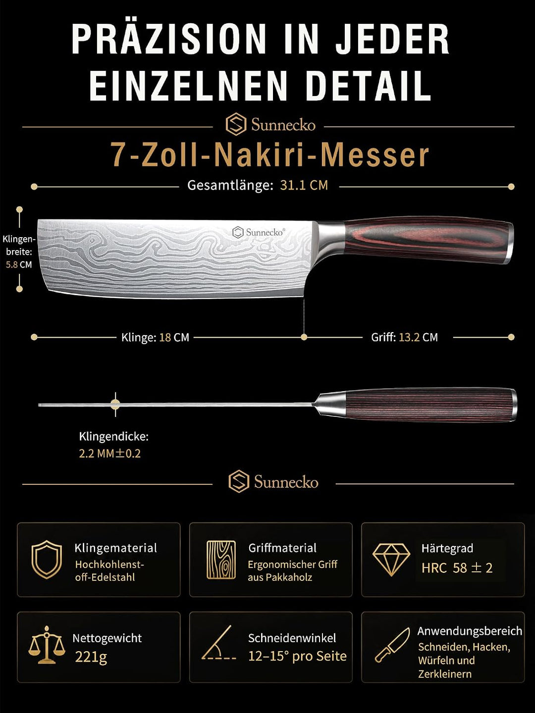 Sunnecko 18cm Küchenbeil Messer Küchenmesser - Klein Hackmesser Hackbeil Küchenmesser Kochmesser Pro