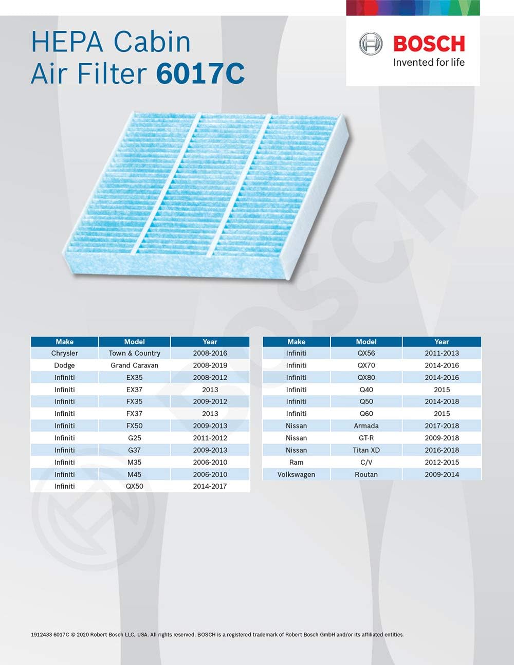BOSCH 6017C HEPA Innenraumfilter – kompatibel mit Select Chrysler Town & Country; Dodge Grand Carava