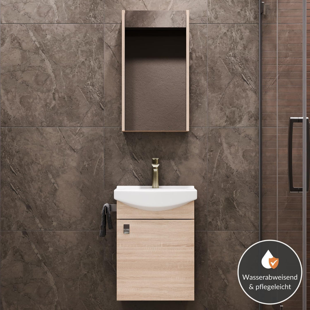 Planetmöbel Badmöbel Set aus Waschtisch + Waschbecken + Spiegelschrank, Gäste Bad WC, Farbe Sonoma E