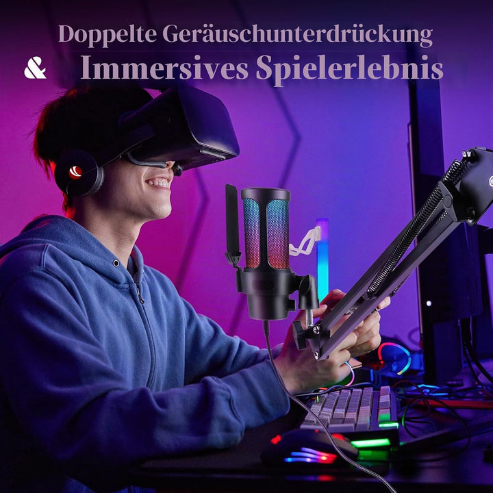 VCOM Gaming Mikrofon mit Arm, USB Microphone Kit mit RGB Modi, Mute, Pop-Filter, PC Mikrofon für Pod