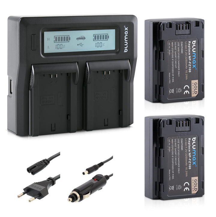 Blumax 2X Akku ersetzt Sony NP-FZ100-2250mAh + LCD Dual-Ladegerät - für Sony FX30-7 IV 7c 7RIV 7RV 7