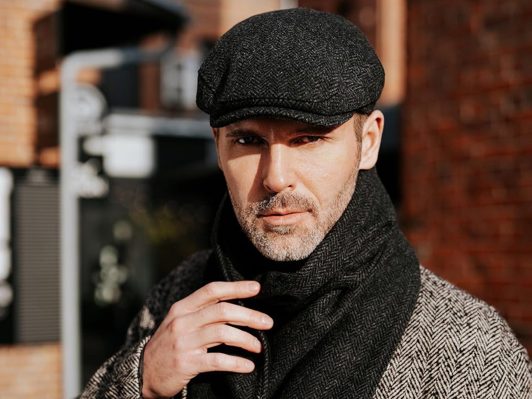 Breiter Herren Winter Schiebermütze mit Ohrenklappen Flatcap Schirmmütze 100% Wolle mit ausklappbare