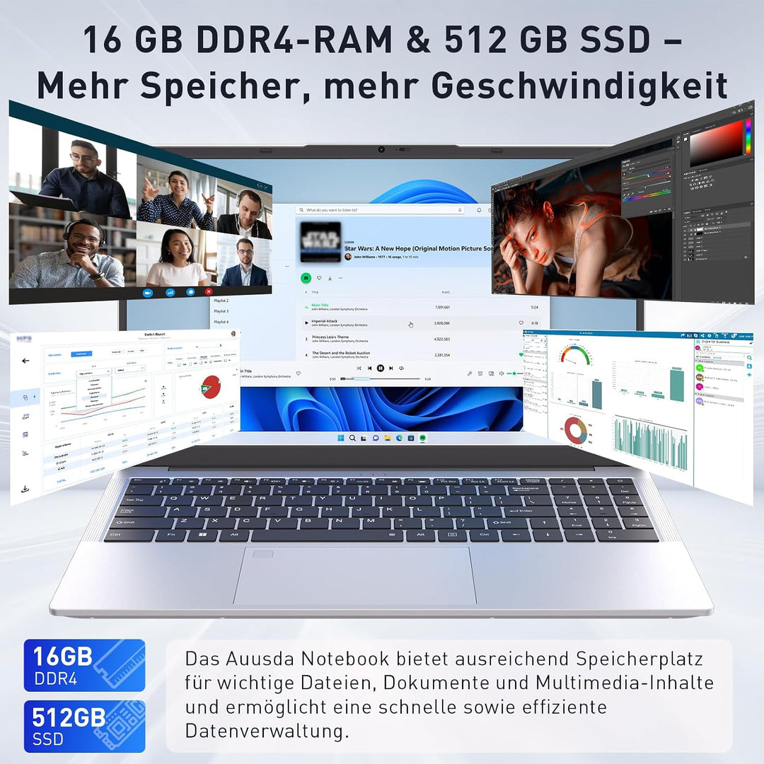 Auusda Laptop 15,6 Zoll Notebook, 16GB DDR4 RAM 512GB SSD, 3250C Prozessor, Fingerabdrucksensor, bel