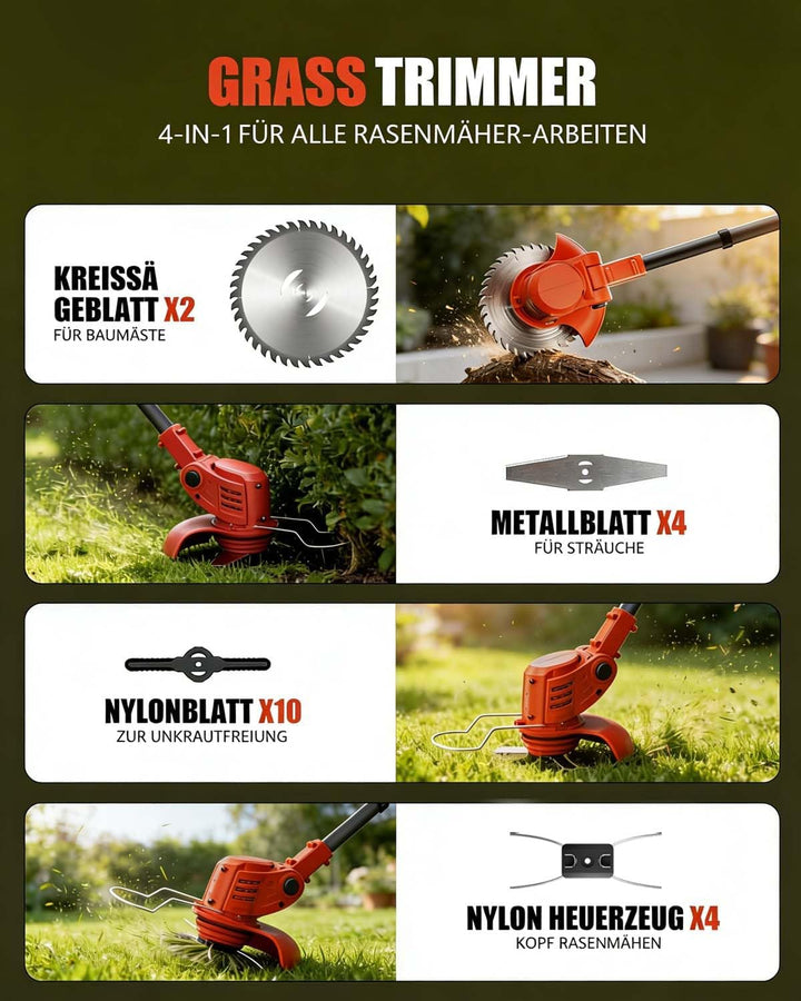 Rasentrimmer mit Akku, 850W Klappbarer Akku Freischneider mit 2X4.0AH Batterien, Akku Rasentrimmer &