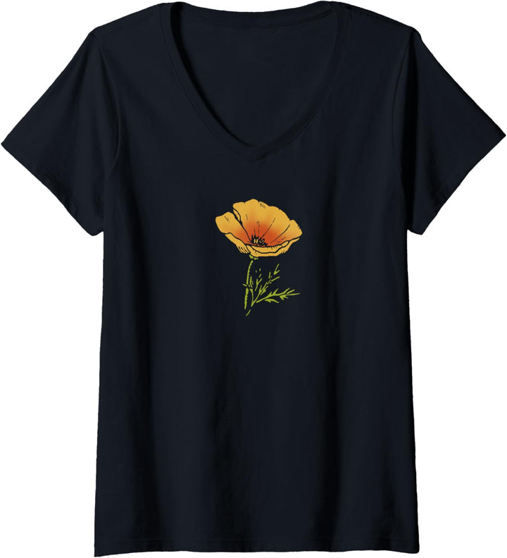 Damen Trendy Simple Poppy Los Angeles Front & Back T-Shirt mit V-Ausschnitt