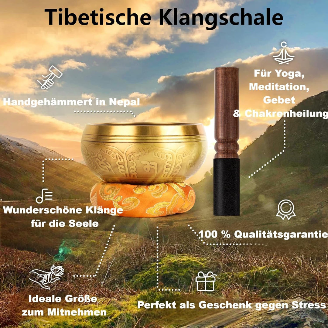 Tibetisches Klangschalen-Set – 100% handgehämmert in Nepal Klangschale für Meditation, Yoga, Chakra,