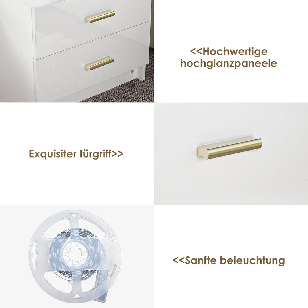 PIPIPOXER Nachttisch mit LED Licht,Nachtschrank mit Steckdose und Ladefunktion,Nachschrank mit 2 Sch