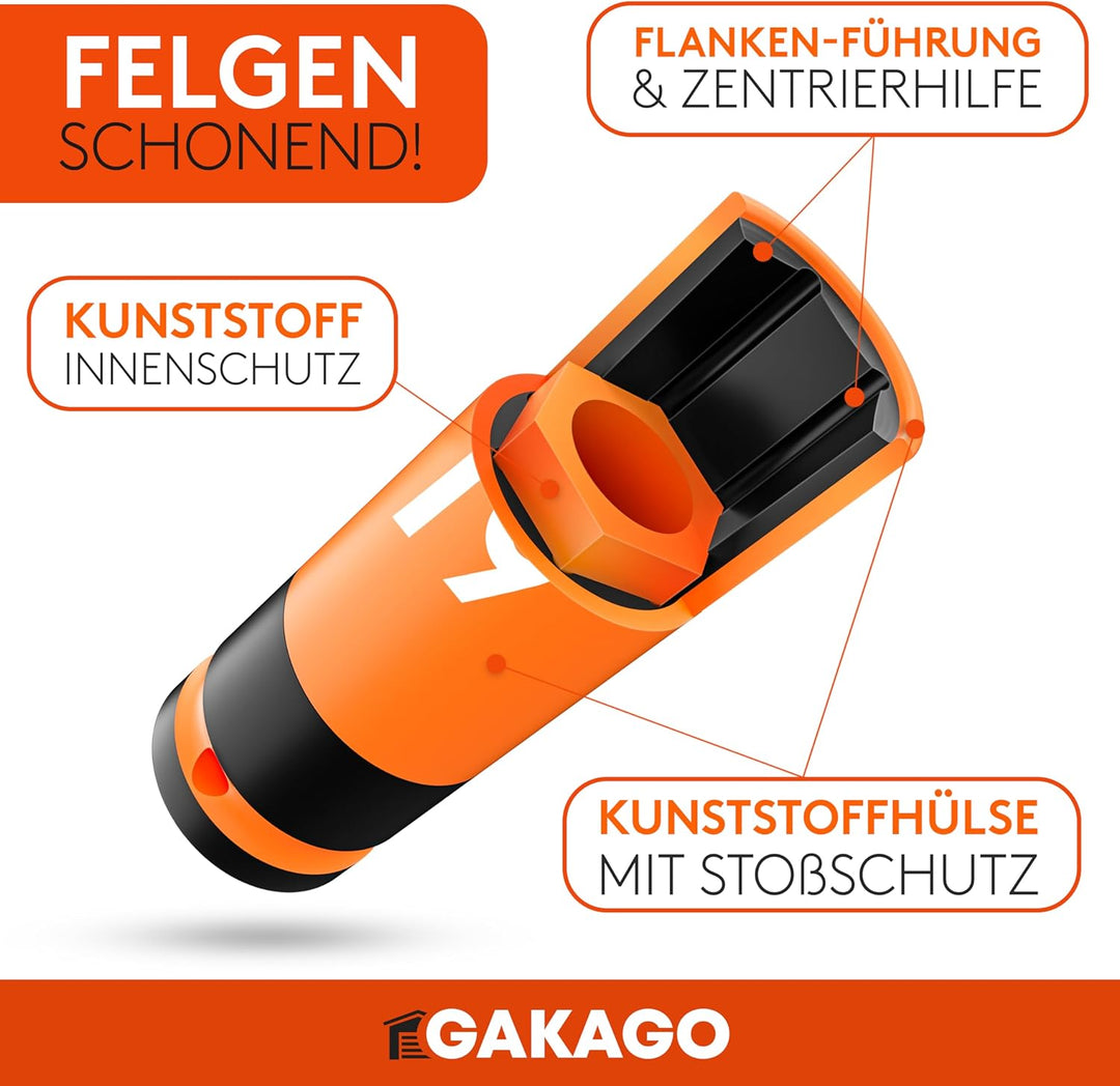 Gakago Kraft-Schoneinsatz - 17mm 19mm 21mm Radschrauben Nuss Set mit Kunststoff-Felgenschutz - 1/2 Z