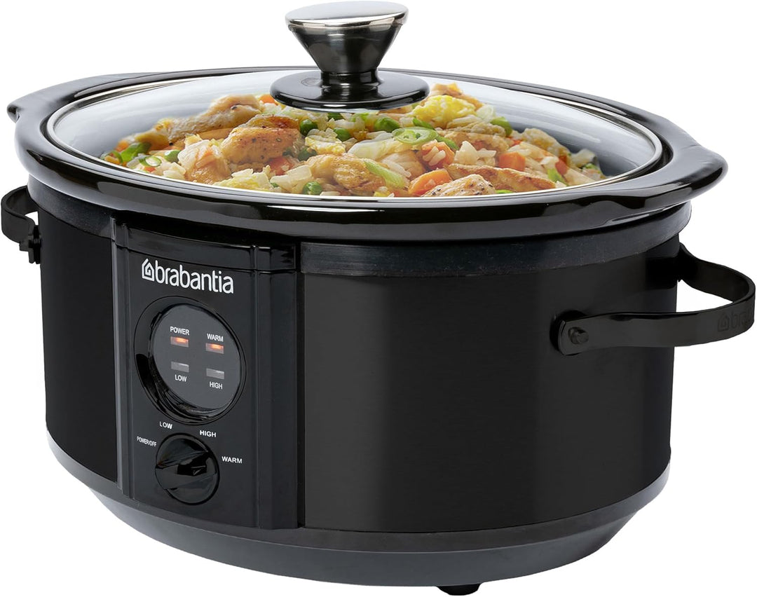 Brabantia Slow Cooker, 3,5 Liter (3-4 Personen), Entnehmbare Keramikschale & Glasdeckel, 3 Temperatu