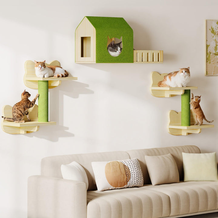 YITAHOME Katzenkletterwand-Set, Stabiler Holz Katzenmöbel, 5-Teilig Katzen Wandelemente mit Katzenha