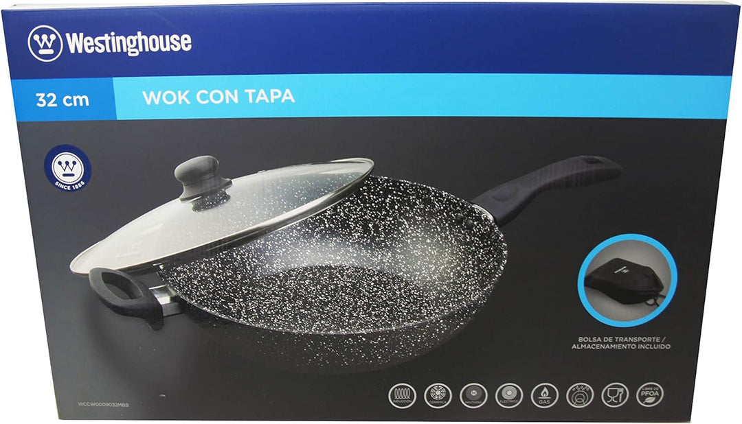 Westinghouse Black Marble Wokpfanne Ø32 cm, Mit Deckel, Induktion & Alle Herdarten, PFOA-Frei, Non S